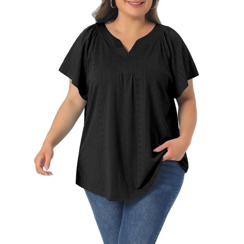 Women Plus Size Casual V Neck Hollow Out Short Sleeve Blouse Black